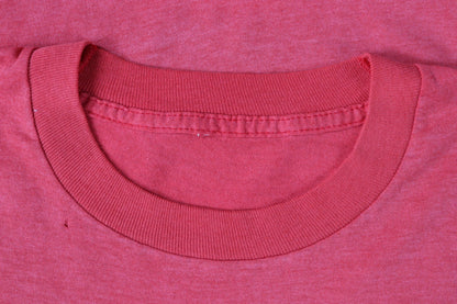 Vintage 1980s 80s faded red 50/50 poly cotton fireman fire service convention firefighter print sports sportswear t shirt 36” chest