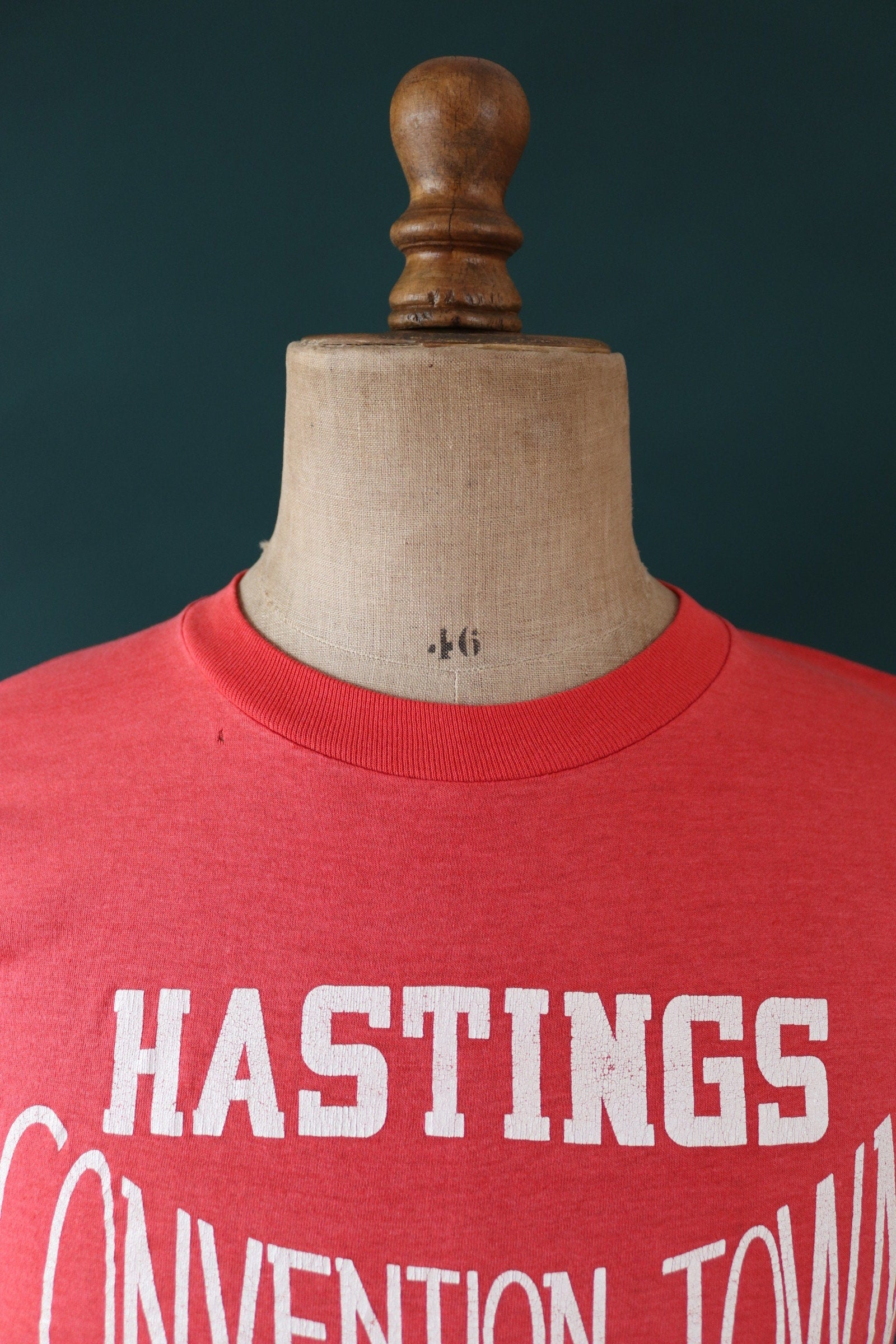 Vintage 1980s 80s faded red 50/50 poly cotton fireman fire service convention firefighter print sports sportswear t shirt 36” chest