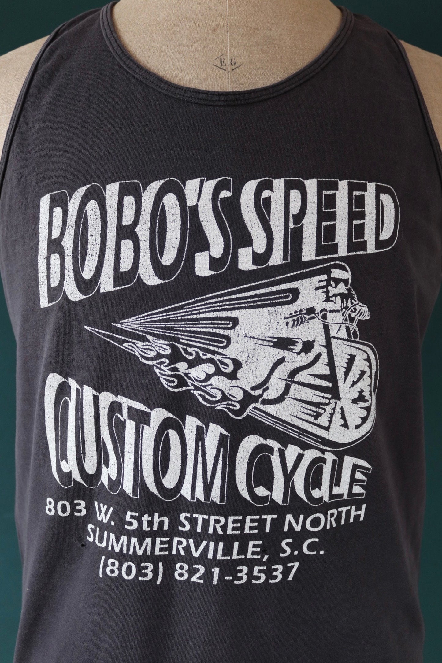 Vintage 1990s 90s Fruit of the Loom faded black biker motorcycle Bobo’s Speed custom cycle garage vest singlet t shirt 40” chest