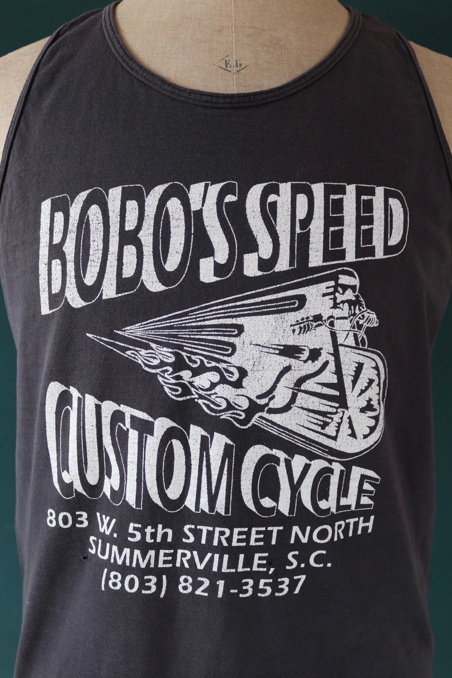 Vintage 1990s 90s Fruit of the Loom faded black biker motorcycle Bobo’s Speed custom cycle garage vest singlet t shirt 40” chest