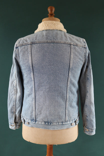 Vintage Levis Levi Strauss shearling sherpa lined mid blue denim trucker jacket red tab small e 38" chest workwear