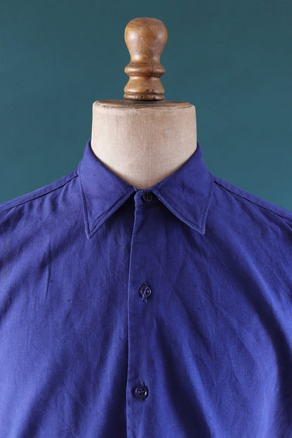 Vintage French workwear shirt 1940s 1950s indigo blue cotton work smock pop over 47” chest faded
