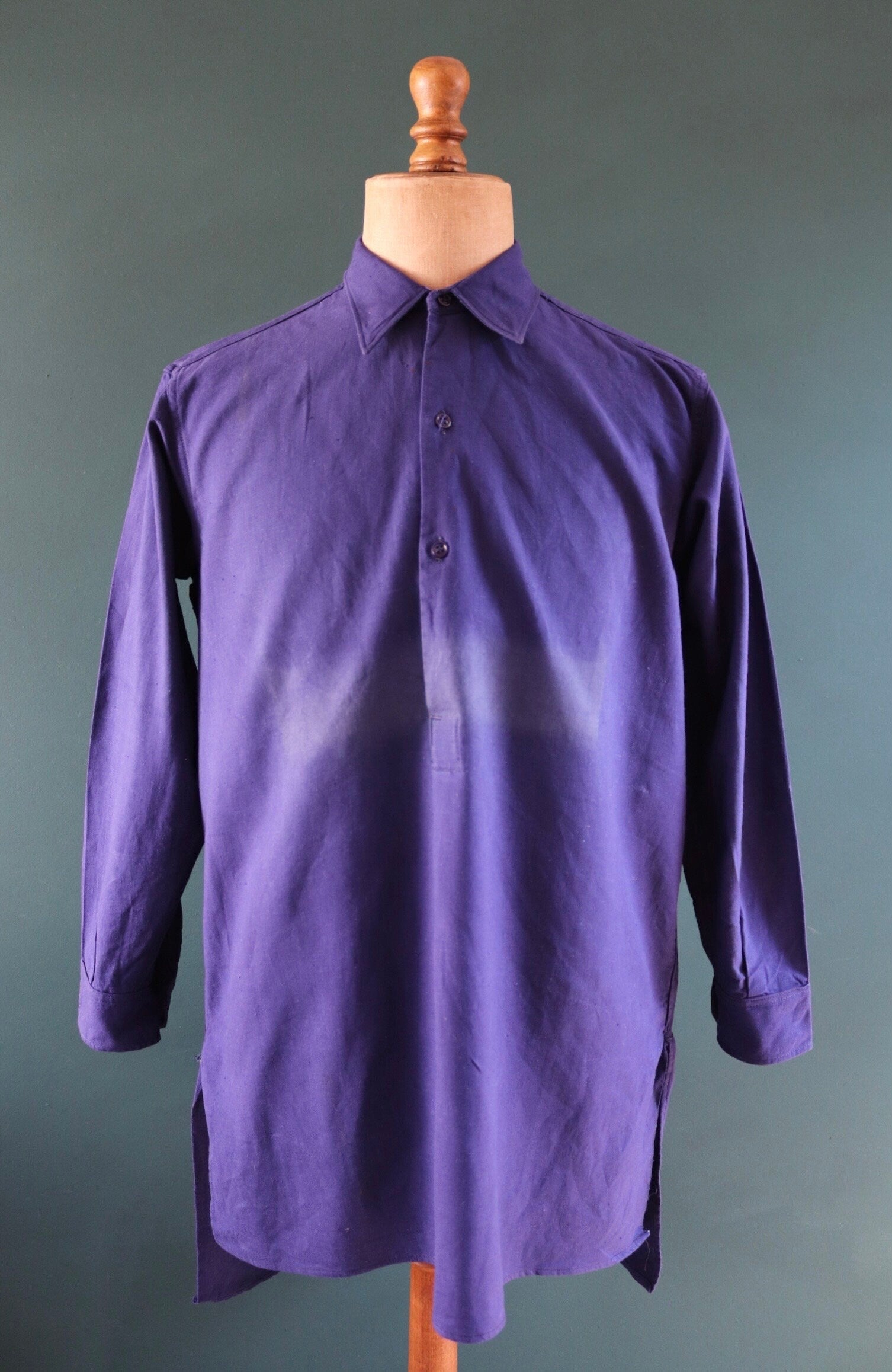 Vintage French workwear shirt 1940s 1950s indigo blue cotton work smock pop over 47” chest faded