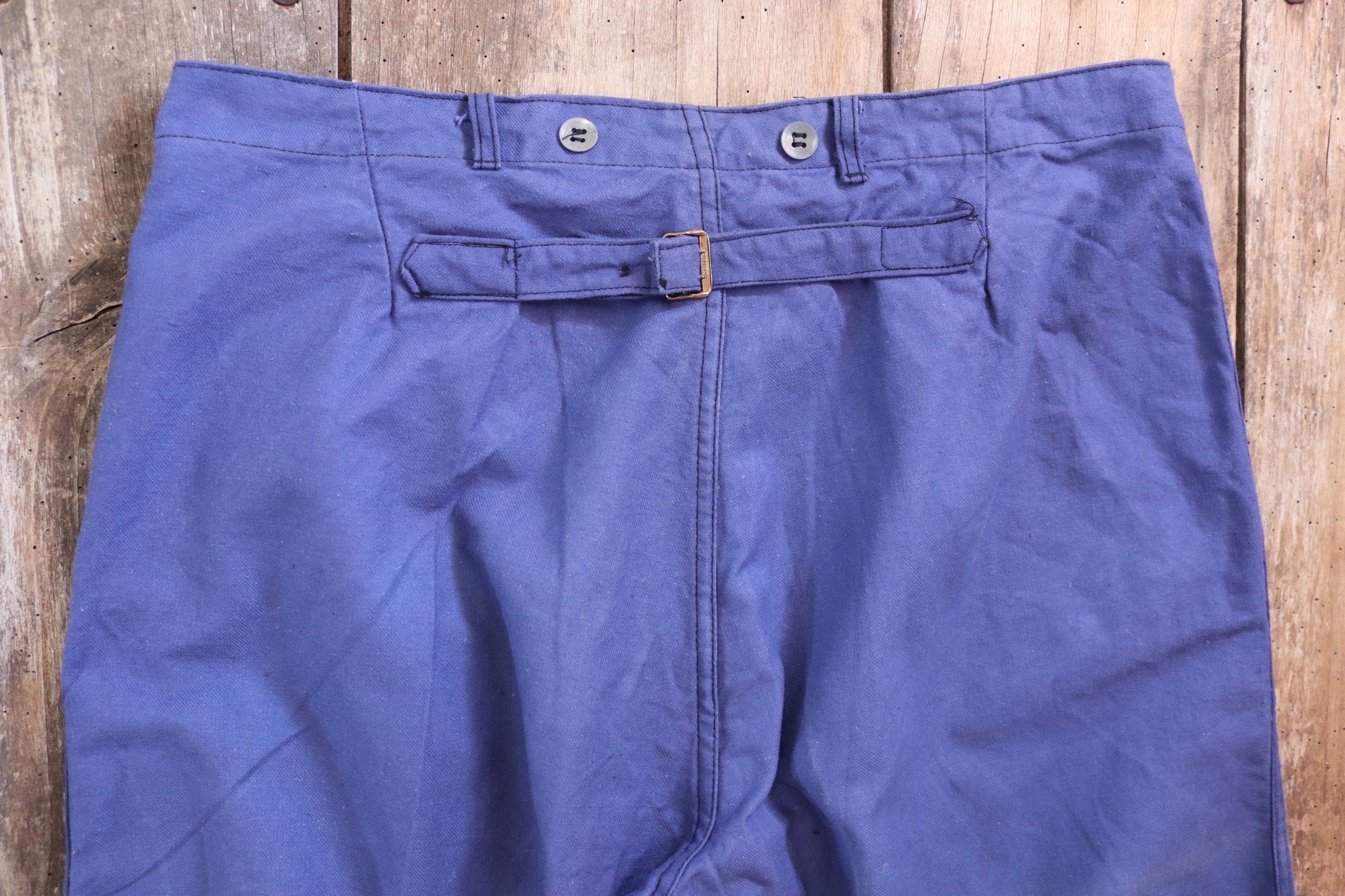 Vintage WW2 workwear trousers pants 1940s Swedish military hospital indigo blue cotton twill work chore 36” x 31” buckle cinch back