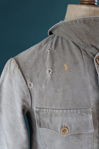Vintage French workwear jacket 1940s brown thick cotton canvas work chore 38” chest walrus collar