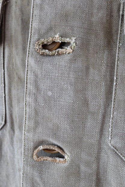 Vintage French workwear jacket 1940s brown thick cotton canvas work chore 38” chest walrus collar