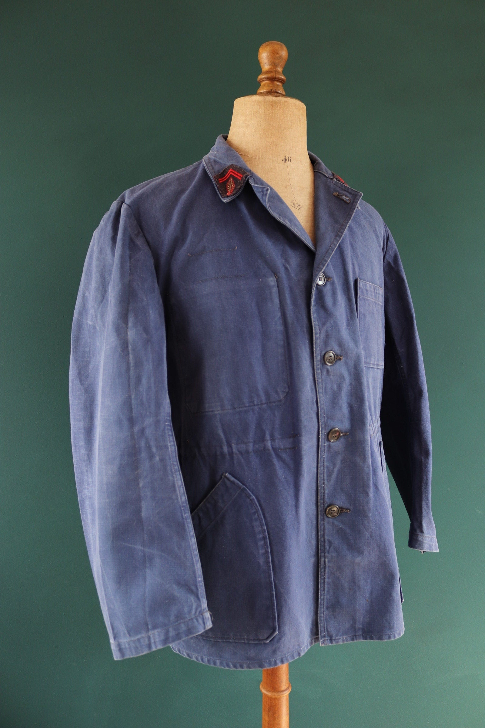 Vintage French blue workwear jacket 1960s pompier fireman cotton twill work chore faded 46” chest bleu de travail