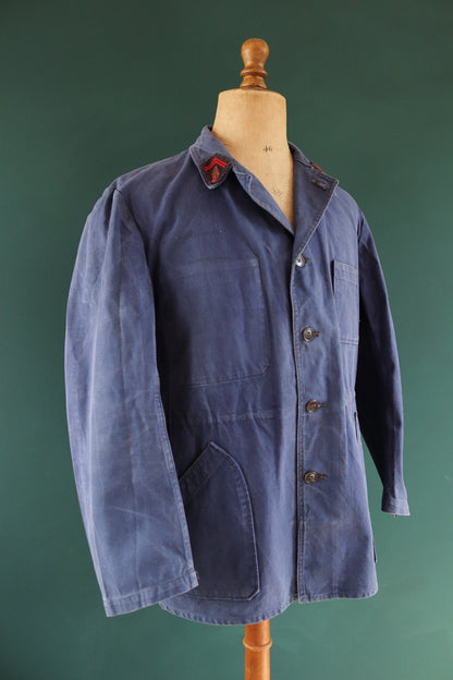Vintage French blue workwear jacket - 1960s firefighter - faded cotton twill chore - 46” chest - bleu de travail