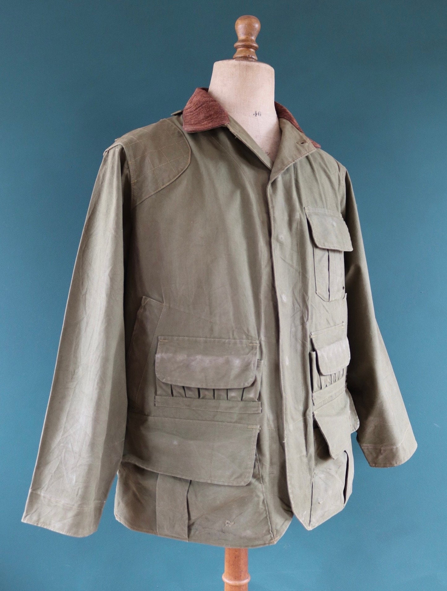 Vintage 1950s 50s Hinson Bodyguard khaki green tin cloth cotton canvas hunting jacket 50" chest work workwear chore shooting waterproof
