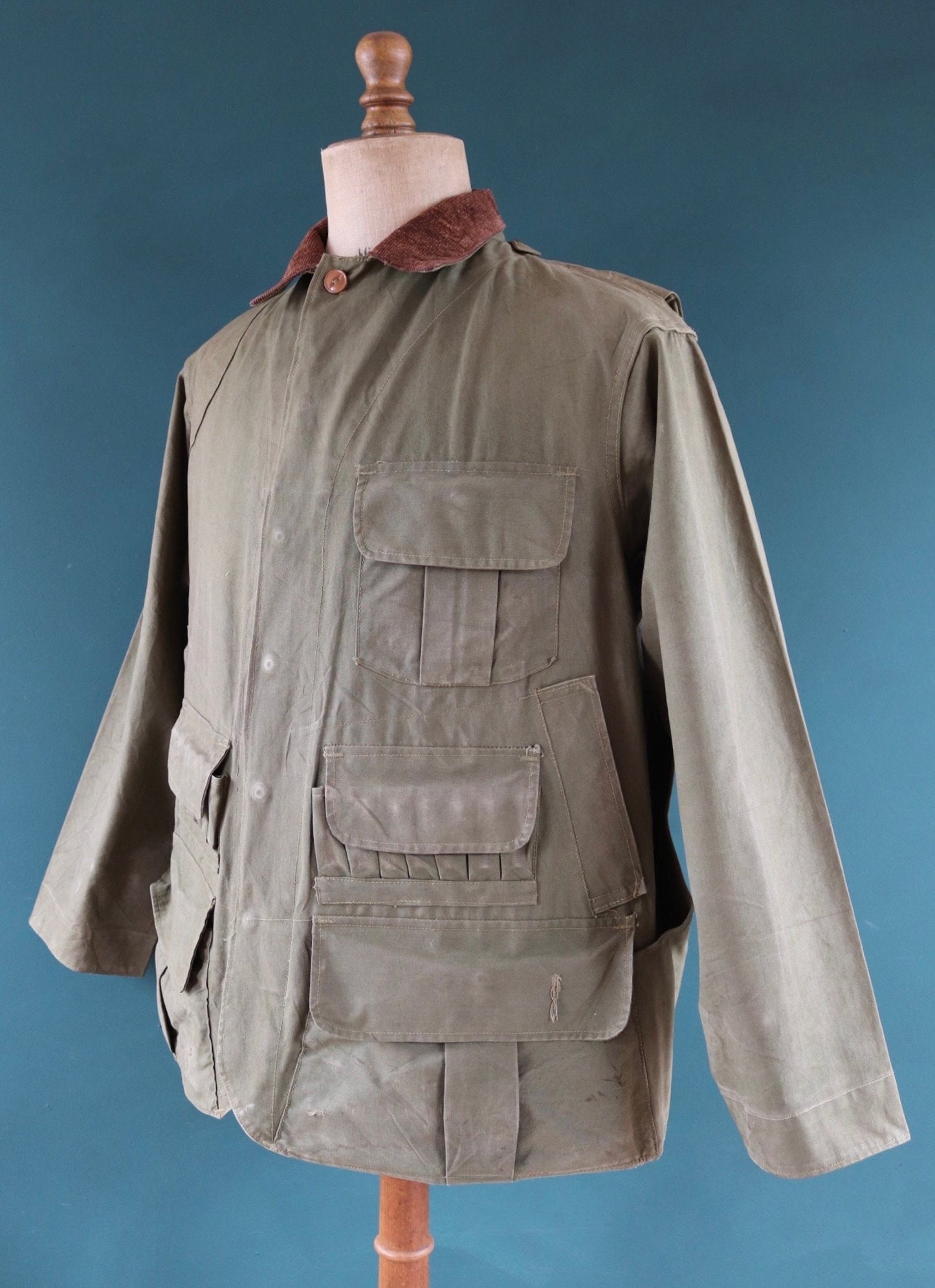 Vintage 1950s 50s Hinson Bodyguard khaki green tin cloth cotton canvas hunting jacket 50" chest work workwear chore shooting waterproof