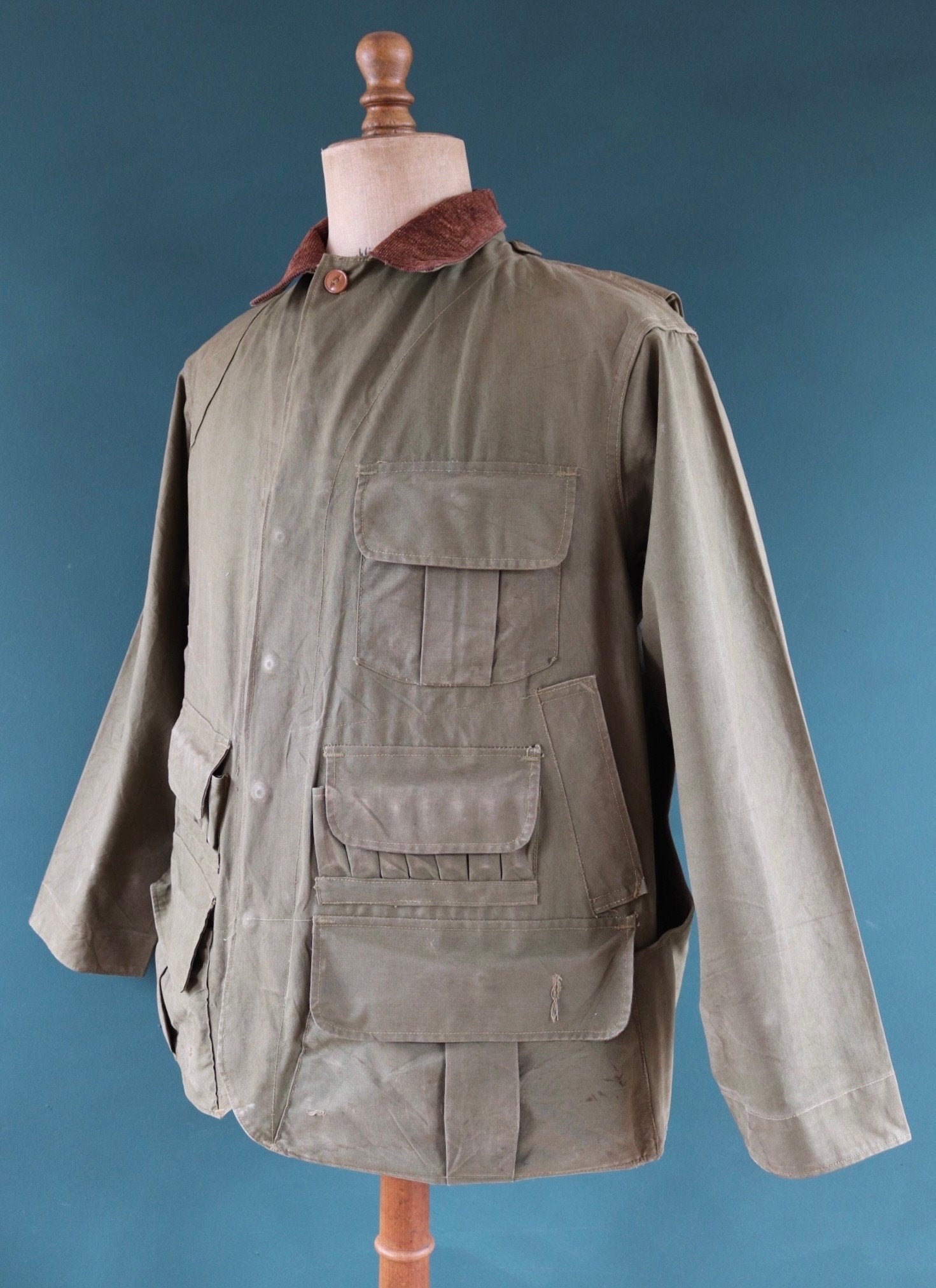 Vintage 1950s 50s Hinson Bodyguard khaki green tin cloth cotton canvas hunting jacket 50" chest work workwear chore shooting waterproof