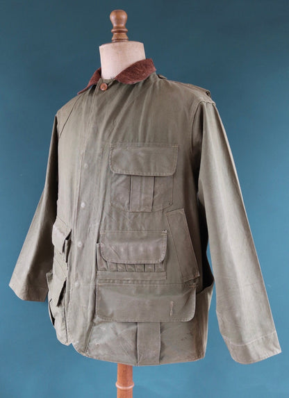 Vintage 1950s 50s Hinson Bodyguard khaki green tin cloth cotton canvas hunting jacket 50" chest work workwear chore shooting waterproof