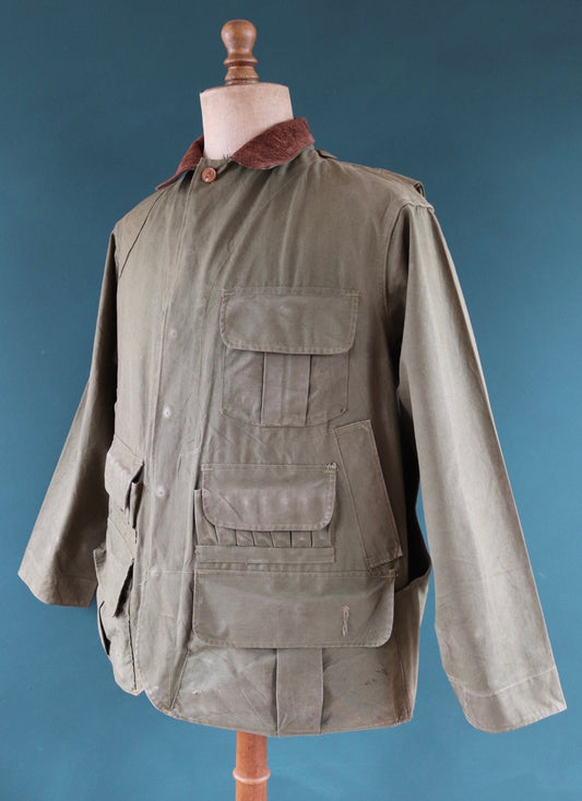 Vintage 1950s 50s Hinson Bodyguard khaki green tin cloth cotton canvas hunting jacket 50" chest work workwear chore shooting waterproof