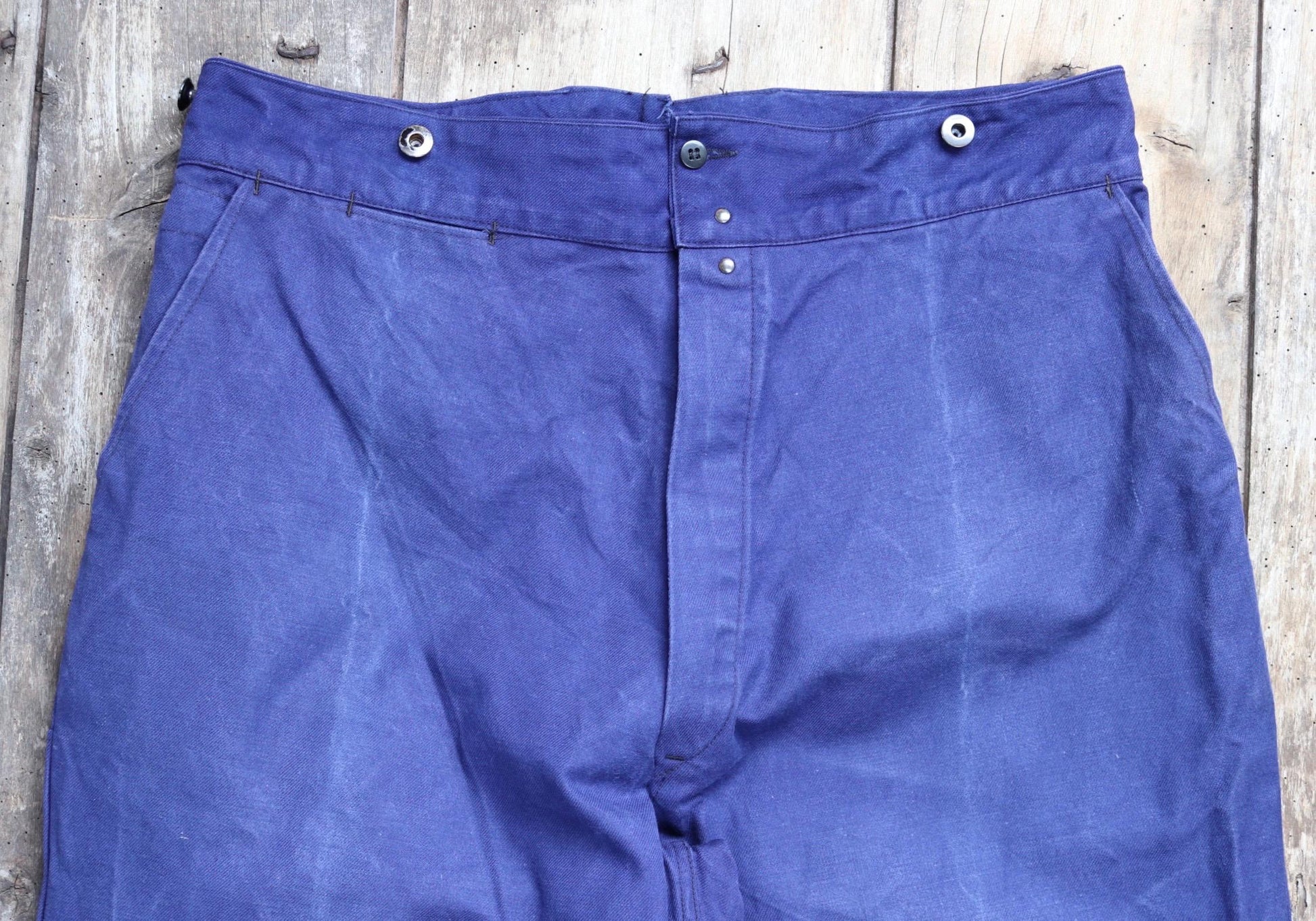 Vintage French work trousers pants 1950s workwear indigo cotton twill chore 37” x 26” high waist