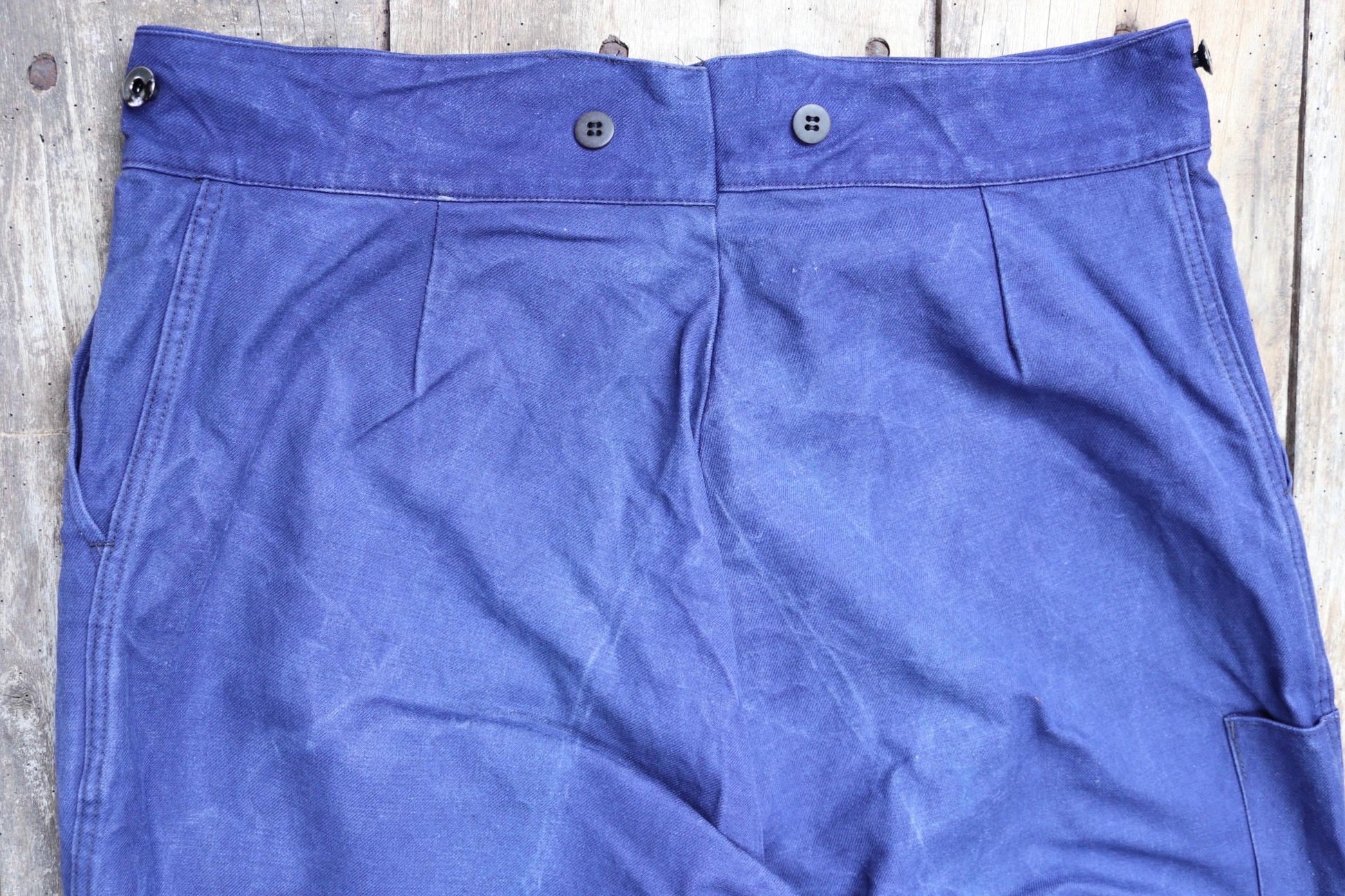 Vintage French work trousers pants 1950s workwear indigo cotton twill chore 37” x 26” high waist