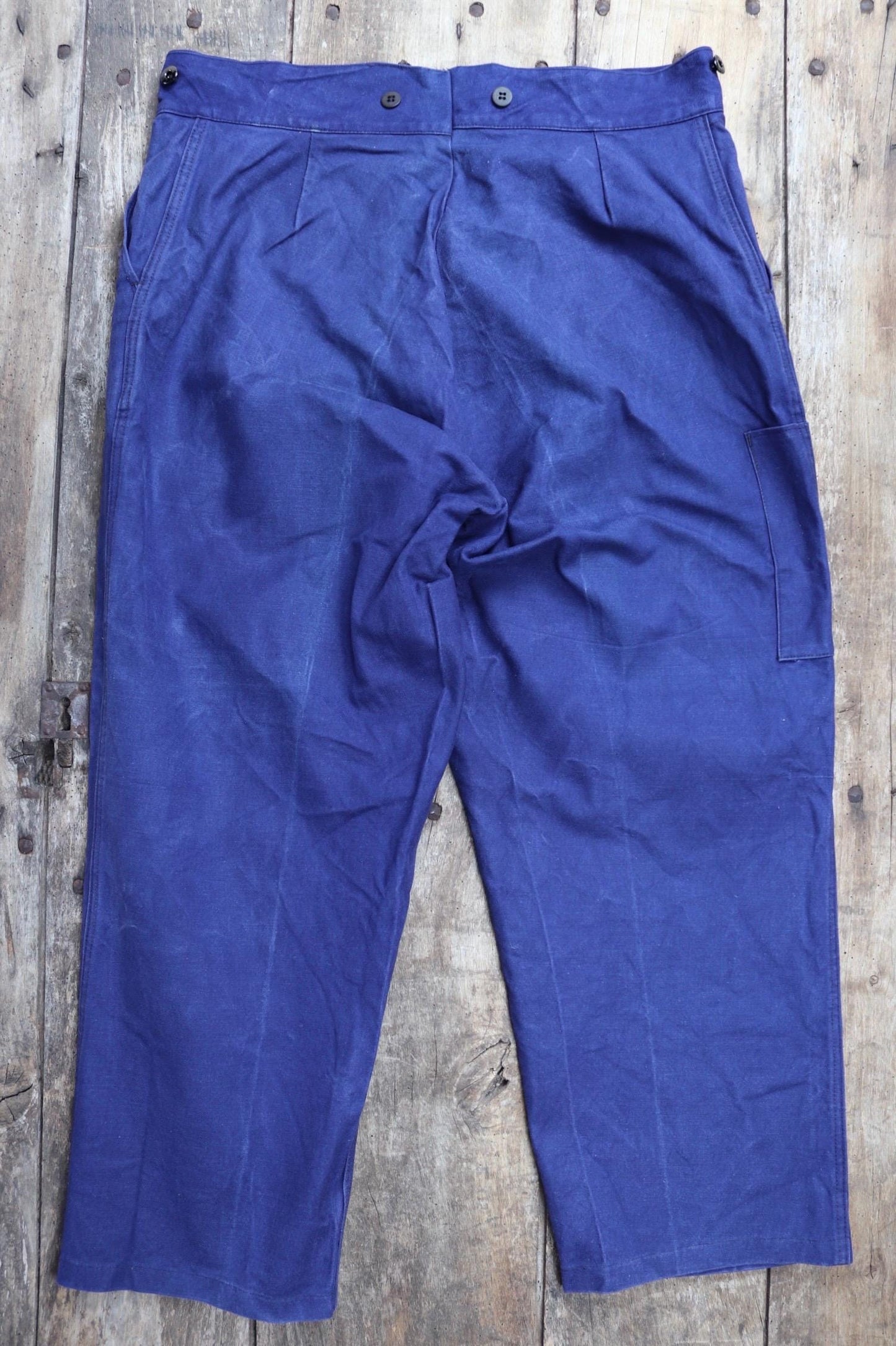 Vintage French work trousers pants 1950s workwear indigo cotton twill chore 37” x 26” high waist