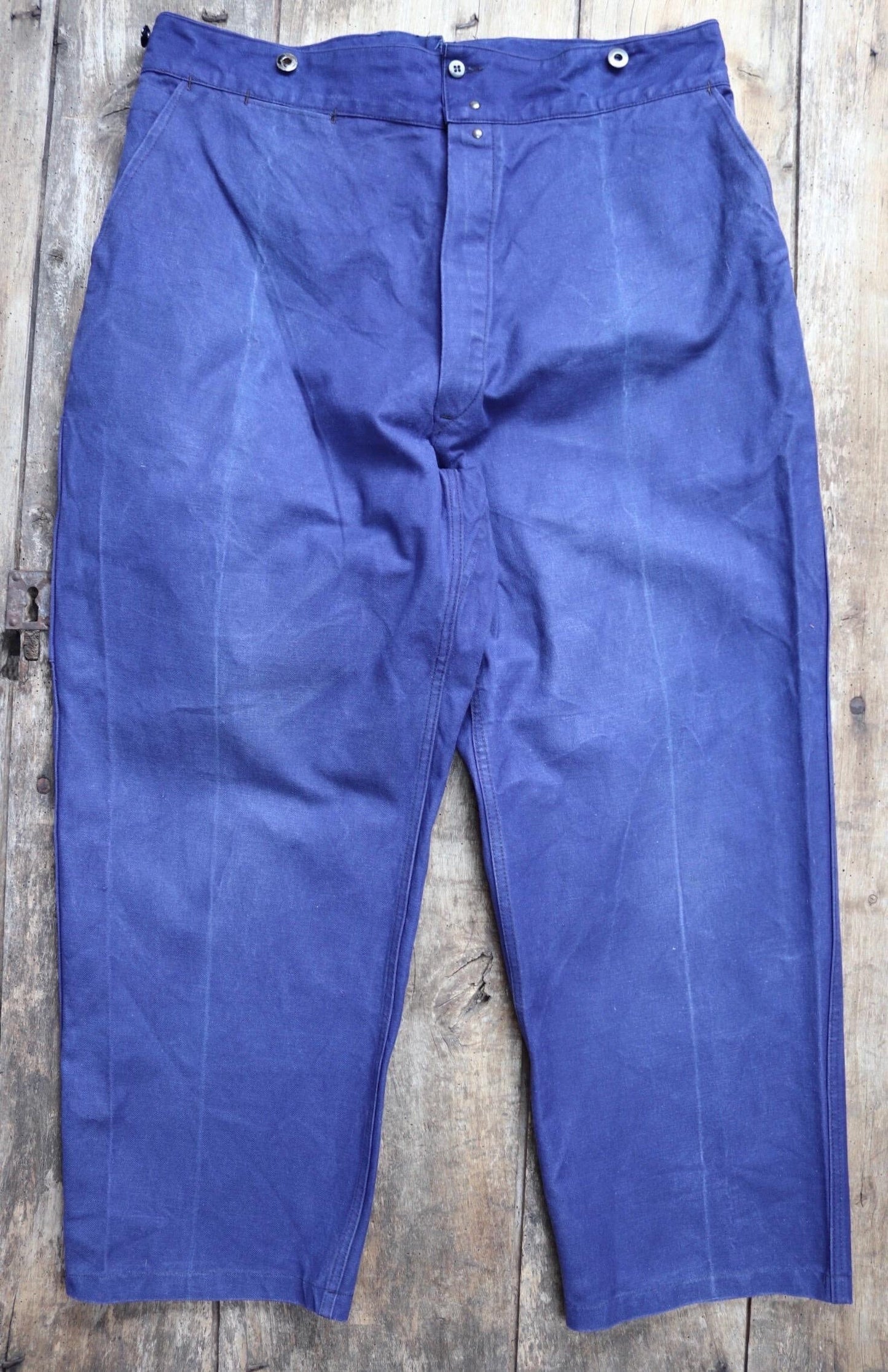 Vintage French work trousers pants 1950s workwear indigo cotton twill chore 37” x 26” high waist