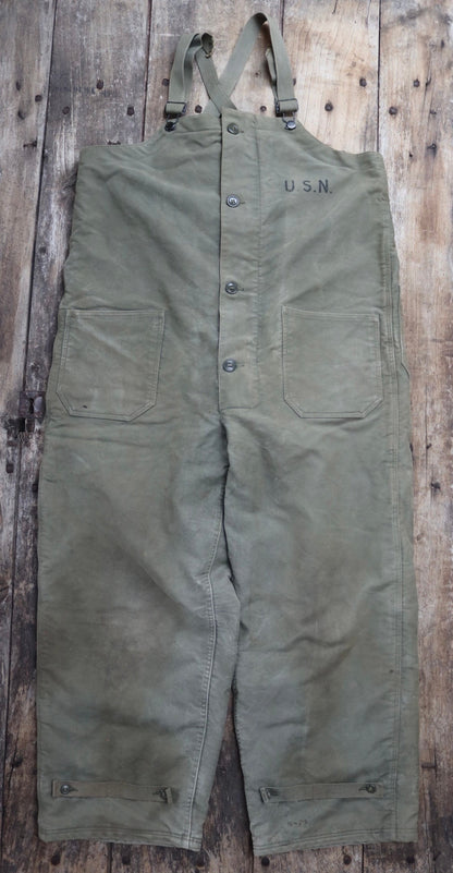 Vintage 1940s 40s WW2 era us navy USN NXSX khaki green insulated deck overalls dungarees bib brace 48” x 28” Talon zipper