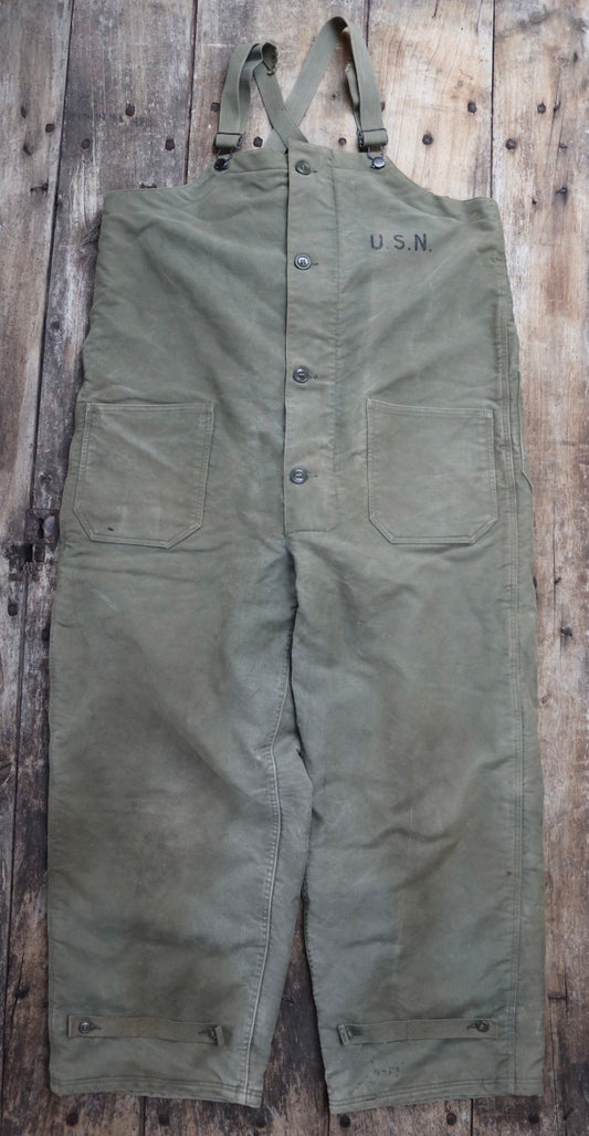 Vintage 1940s 40s WW2 era us navy USN NXSX khaki green insulated deck overalls dungarees bib brace 48” x 28” Talon zipper