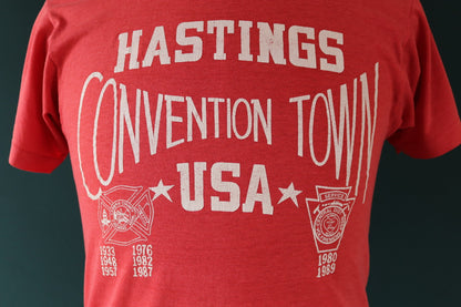 Vintage 1980s 80s faded red 50/50 poly cotton fireman fire service convention firefighter print sports sportswear t shirt 36” chest
