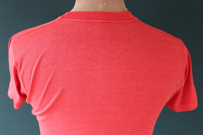 Vintage 1980s 80s faded red 50/50 poly cotton fireman fire service convention firefighter print sports sportswear t shirt 36” chest