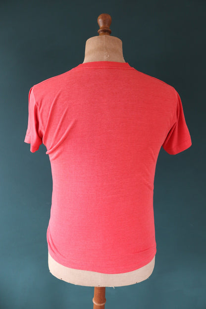 Vintage 1980s 80s faded red 50/50 poly cotton fireman fire service convention firefighter print sports sportswear t shirt 36” chest