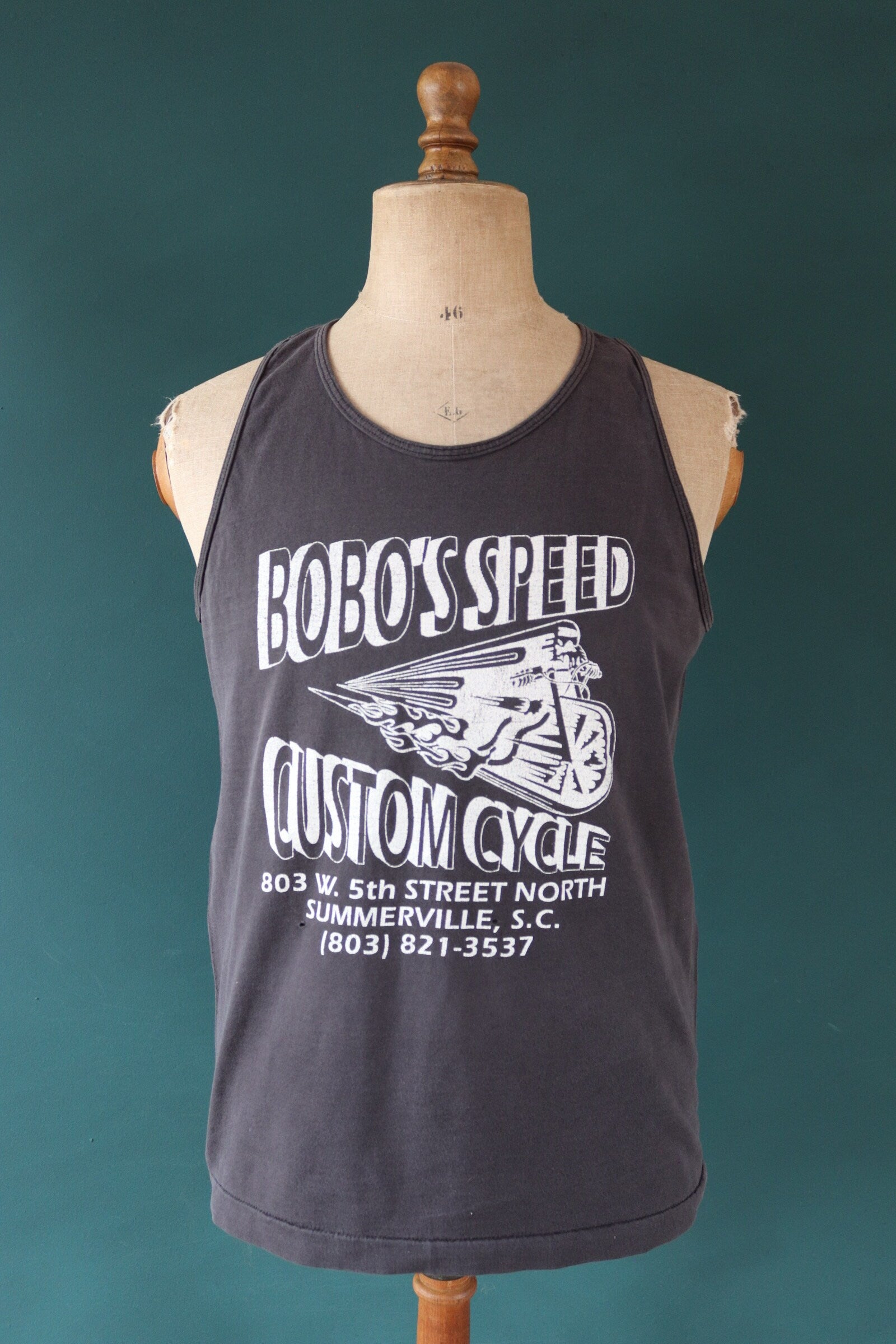 Vintage 1990s 90s Fruit of the Loom faded black biker motorcycle Bobo’s Speed custom cycle garage vest singlet t shirt 40” chest
