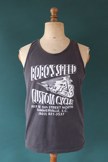 Vintage 1990s 90s Fruit of the Loom faded black biker motorcycle Bobo’s Speed custom cycle garage vest singlet t shirt 40” chest