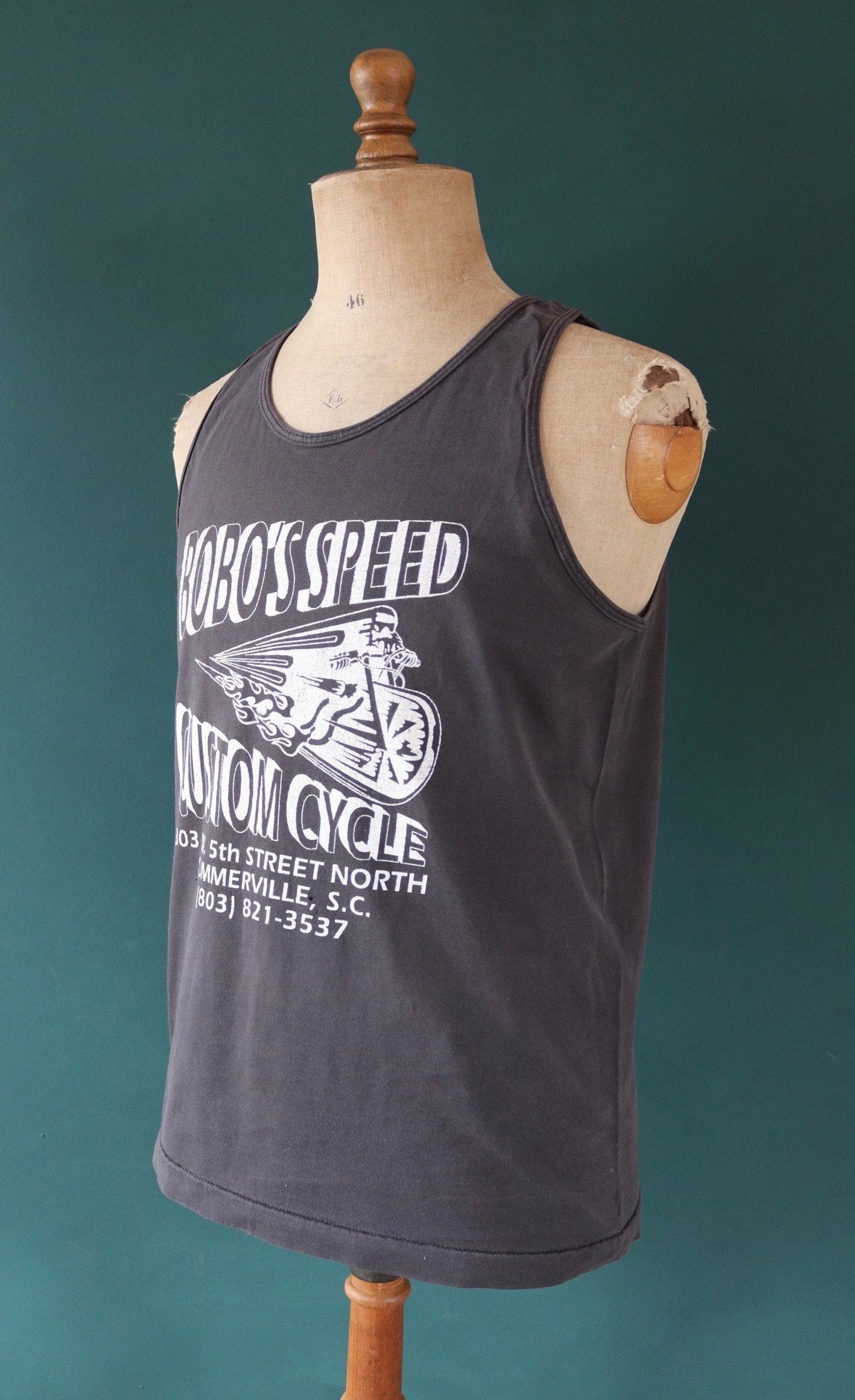 Vintage 1990s 90s Fruit of the Loom faded black biker motorcycle Bobo’s Speed custom cycle garage vest singlet t shirt 40” chest