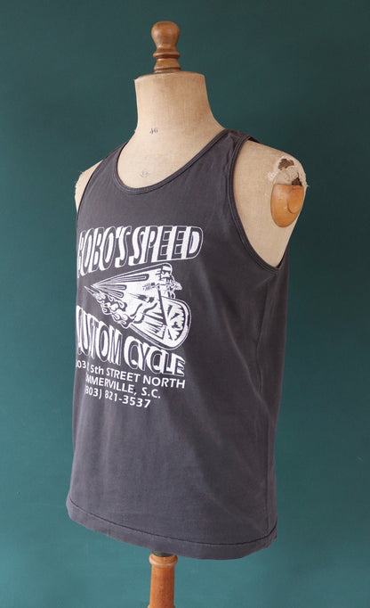 Vintage 1990s 90s Fruit of the Loom faded black biker motorcycle Bobo’s Speed custom cycle garage vest singlet t shirt 40” chest