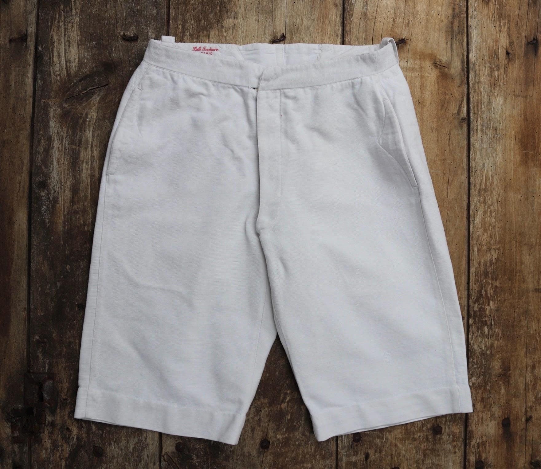 Vintage French shorts antique Belle Jardiniere 1910s 1920s white cotton work workwear chore 28” x 11”