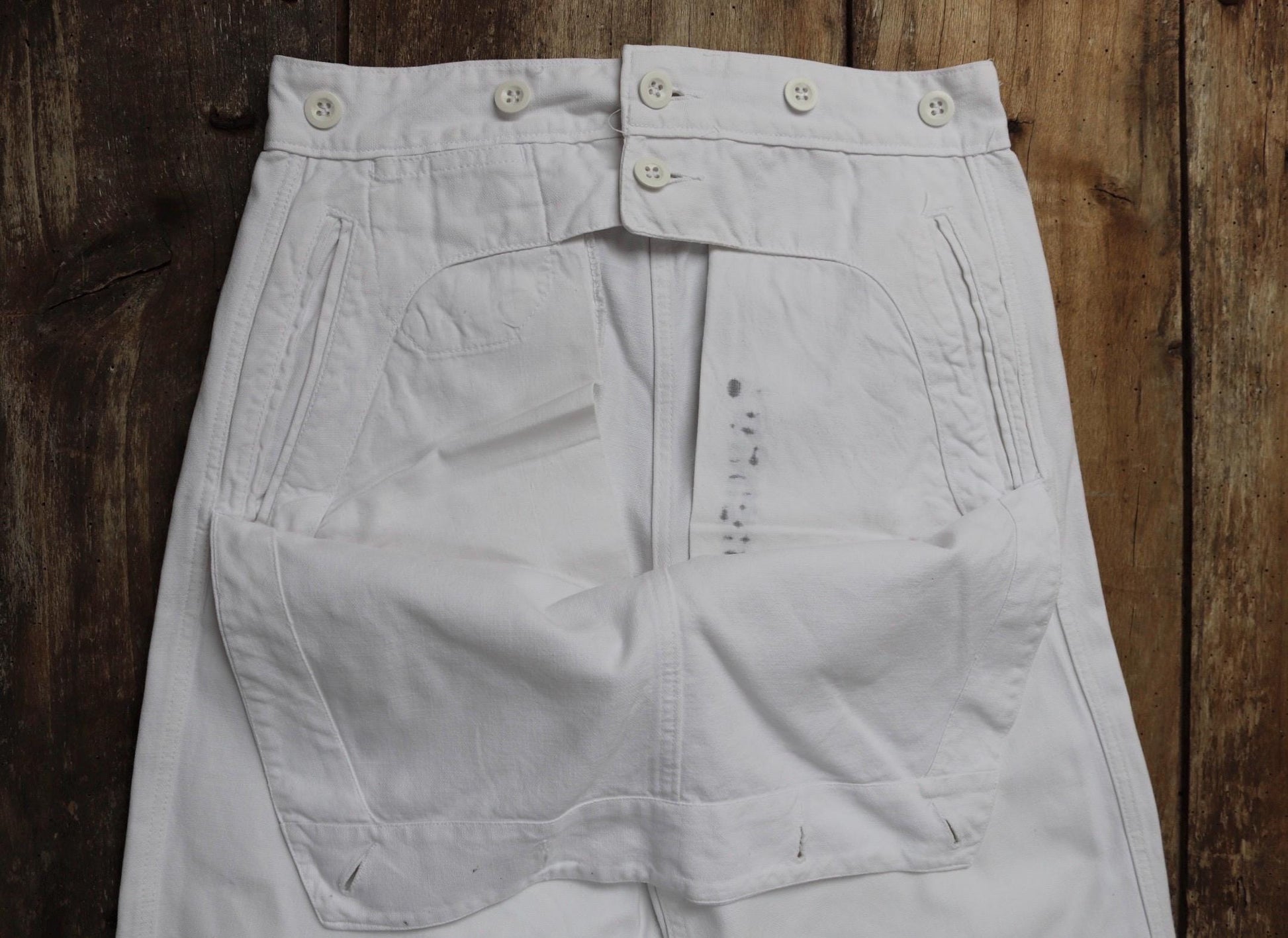 Vintage French trousers pants white cotton 1960s Marine Nationale navy naval 27” x 29” riviera beach bell bottoms fall front