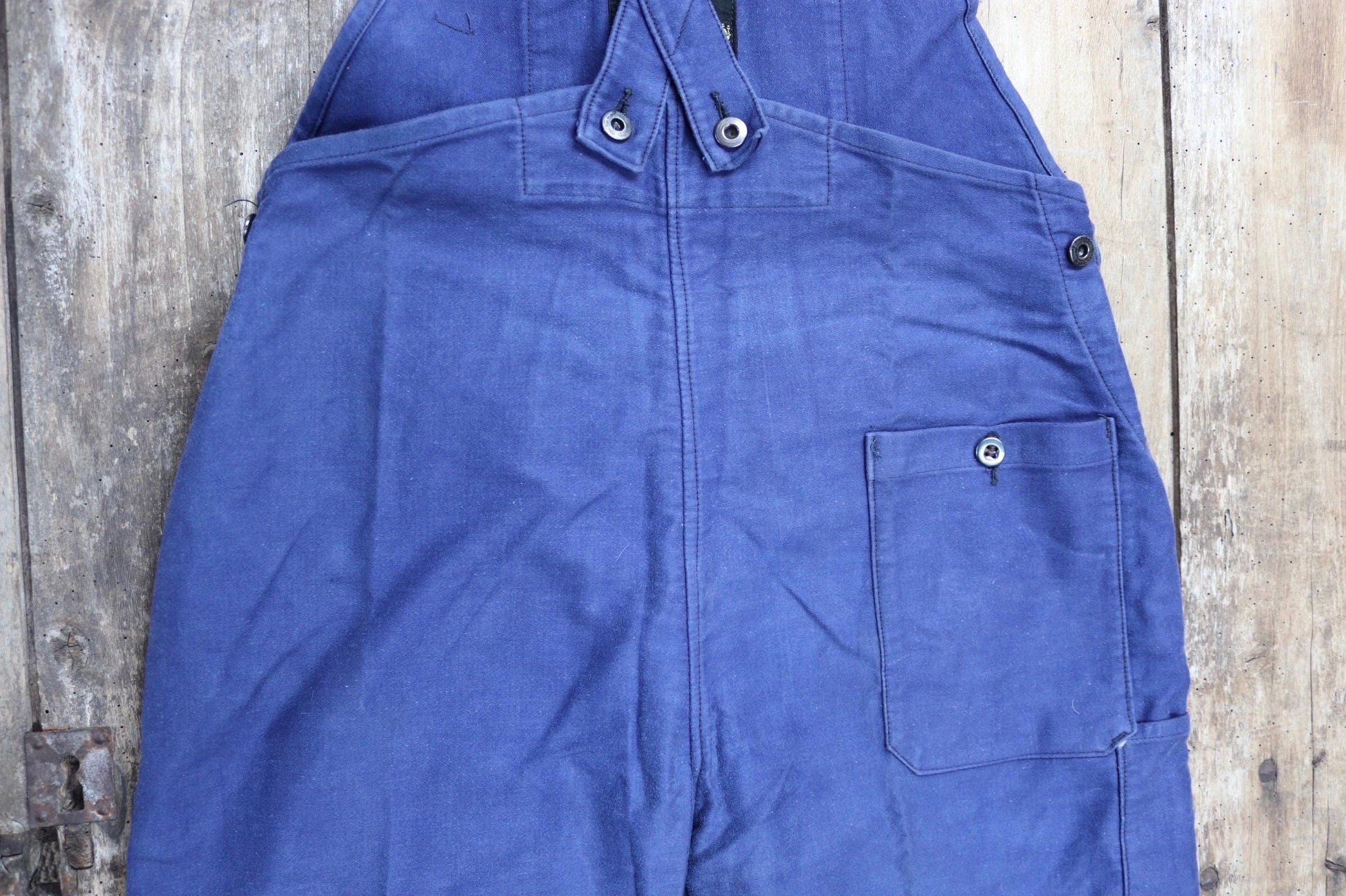 Vintage French workweara overalls dungarees moleskin 1950s 1960s work chore bib brace 34” x 27” bleu de travail