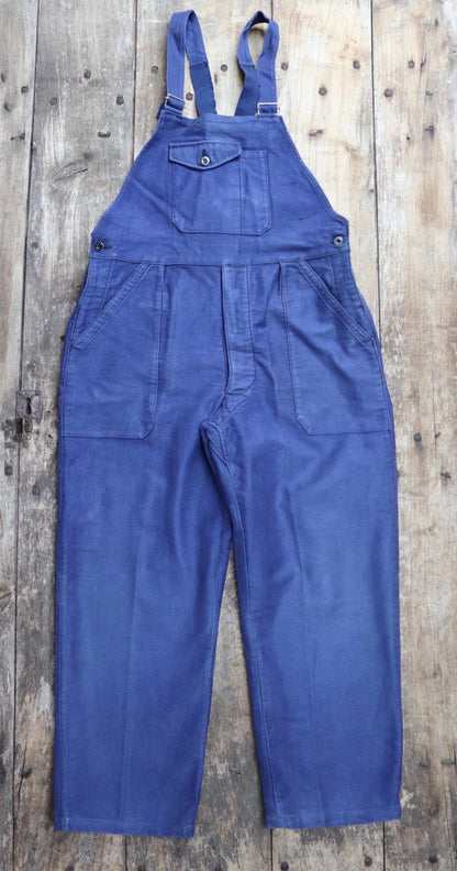 Vintage French workweara overalls dungarees moleskin 1950s 1960s work chore bib brace 34” x 27” bleu de travail