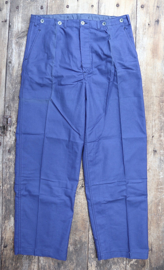 Vintage WW2 workwear trousers pants 1940s Swedish military hospital indigo blue cotton twill work chore 37” x 33” buckle cinch back