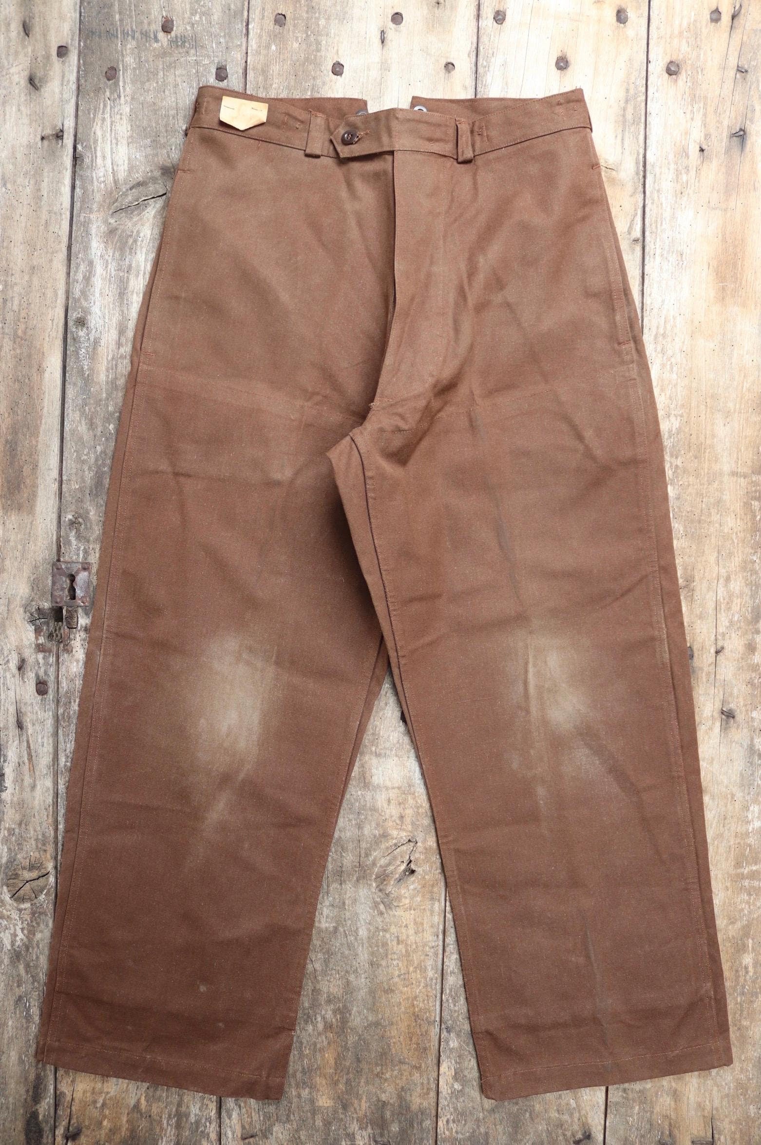 Vintage French chore trousers pants workwear 1960s 1970s SNCF railway railroad engineer work 34” x 29” duck cotton canvas buckle back