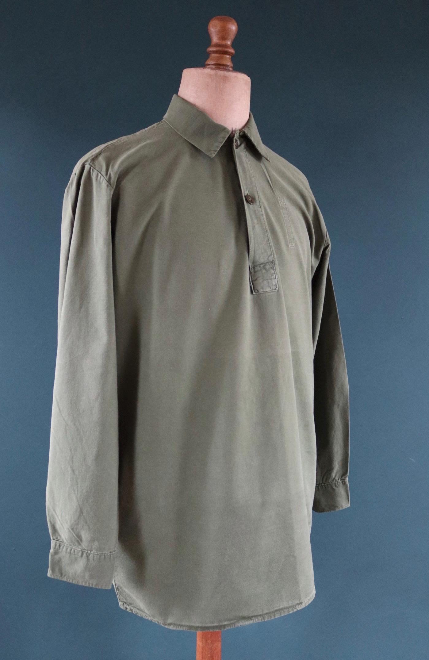 Vintage 1970s 70s M59 Swedish army military fältskjorta green cotton smock shirt pop over work workwear chore 48” chest