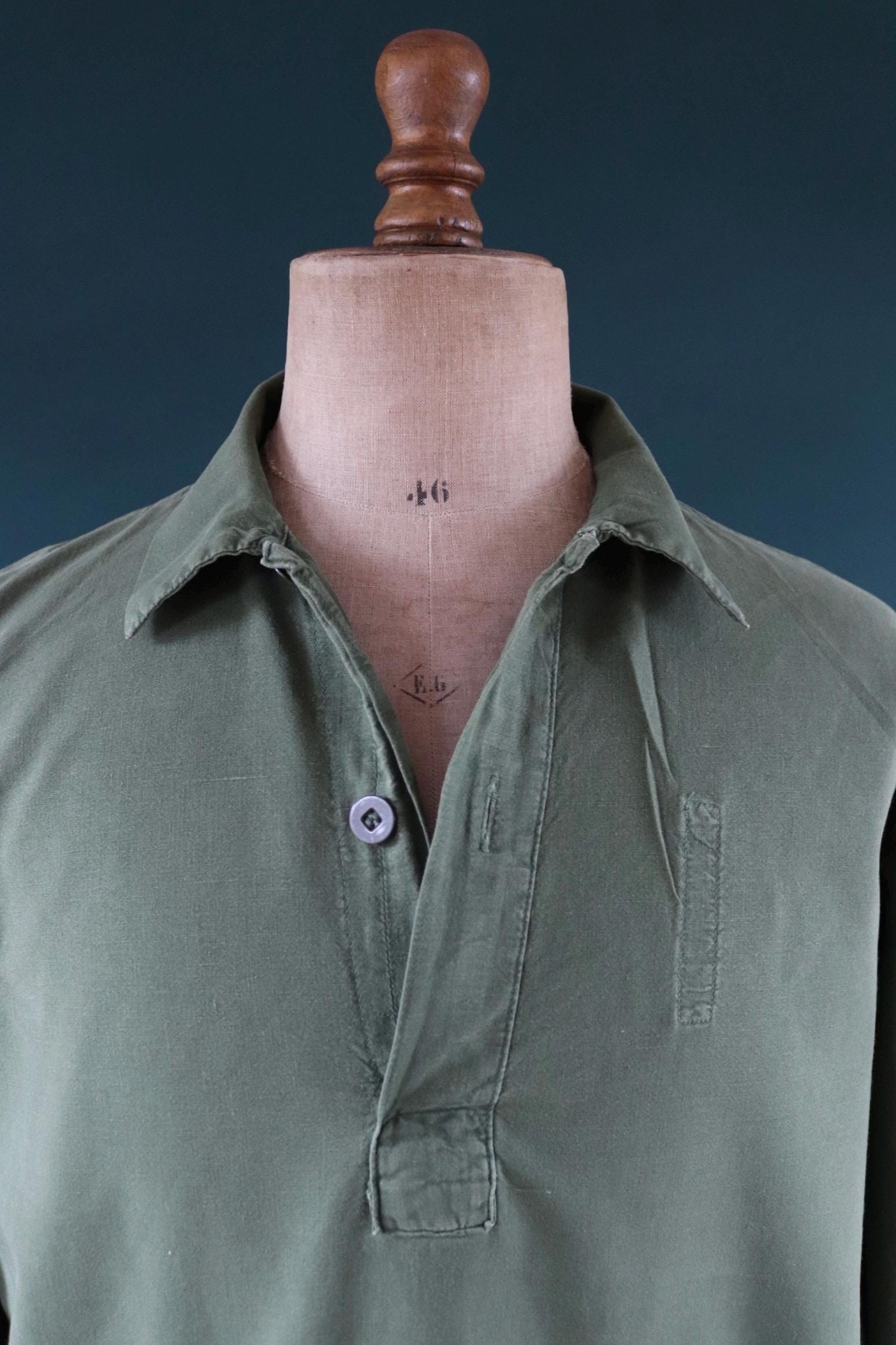 Vintage 1970s 70s M59 Swedish army military fältskjorta green cotton smock shirt pop over work workwear chore 48” chest