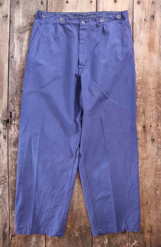 Vintage WW2 workwear trousers pants 1940s Swedish military hospital indigo blue cotton twill work chore 36” x 31” buckle cinch back