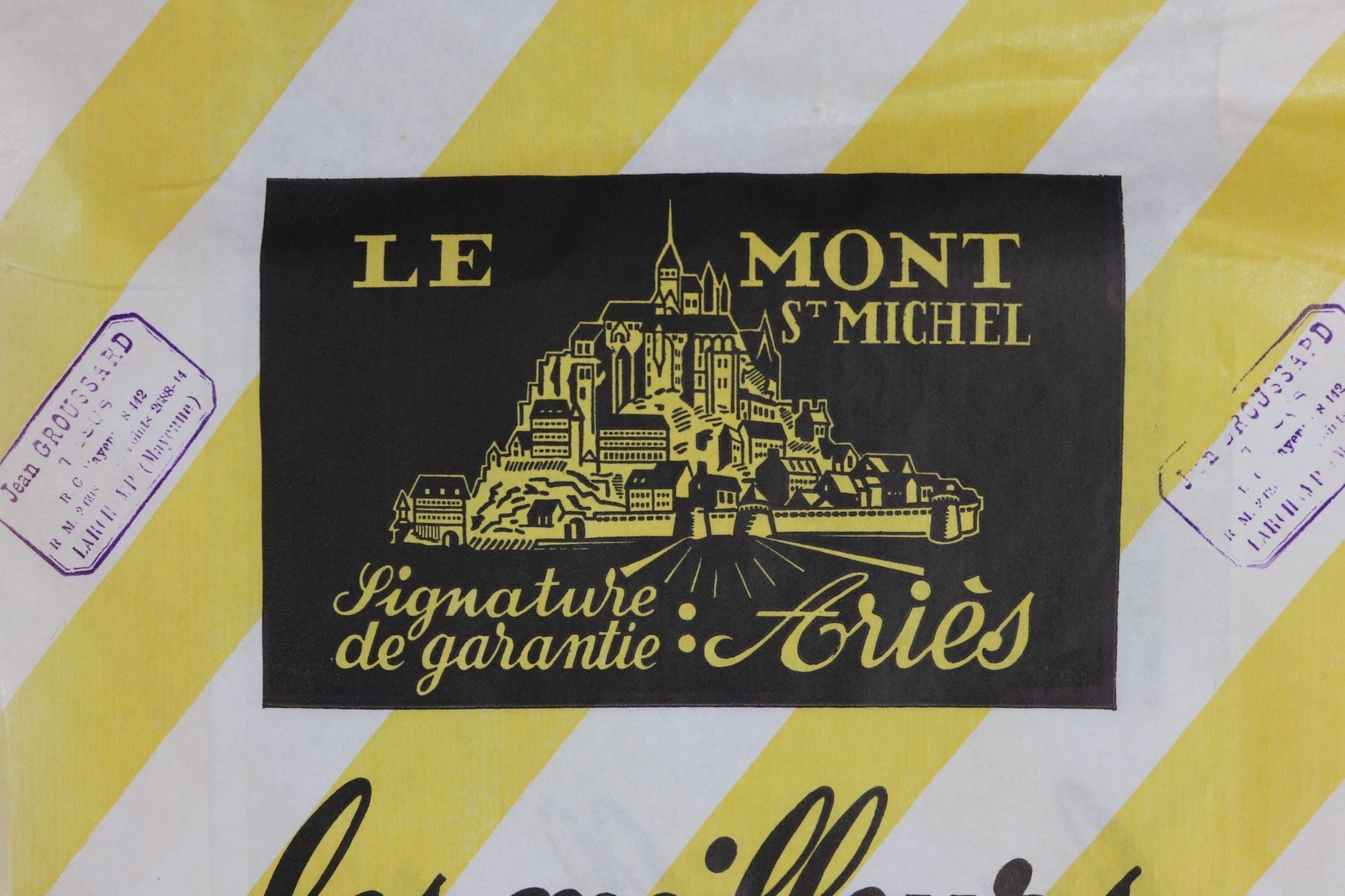 Vintage 1950s French paper print art Le Mont St Michel yellow white striped bag advertising stamped workwear work chore display collectible