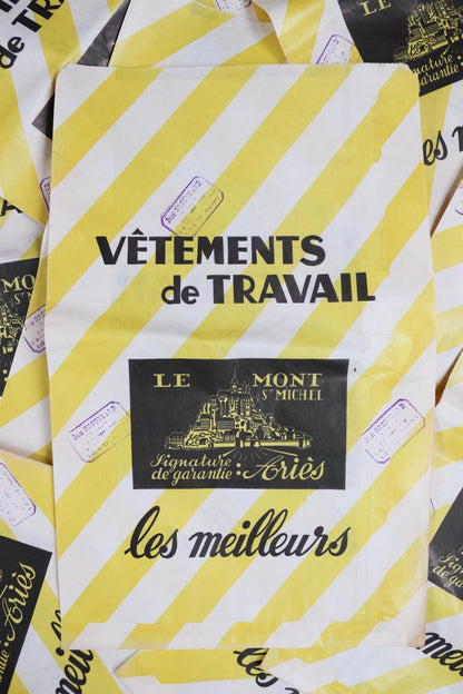 Vintage 1950s French paper print art Le Mont St Michel yellow white striped bag advertising stamped workwear work chore display collectible