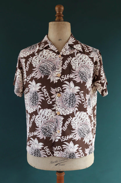 Vintage Edwin rayon Hawaiian shirt - reproduction - brown pink - pineapple print - tiki Aloha - 42” chest