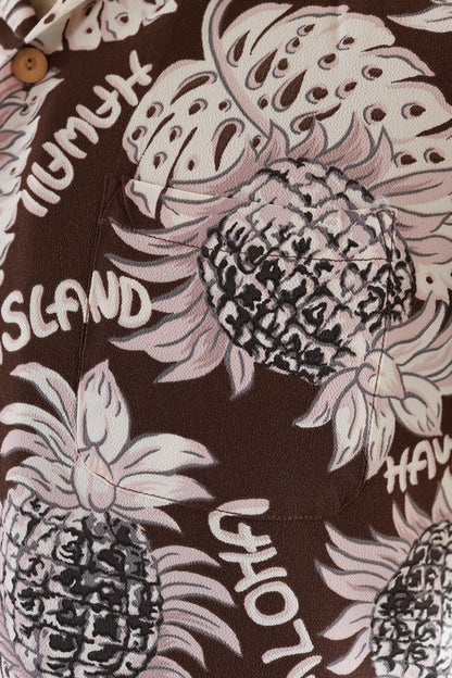 Vintage Edwin rayon Hawaiian shirt - reproduction - brown pink - pineapple print - tiki Aloha - 42” chest