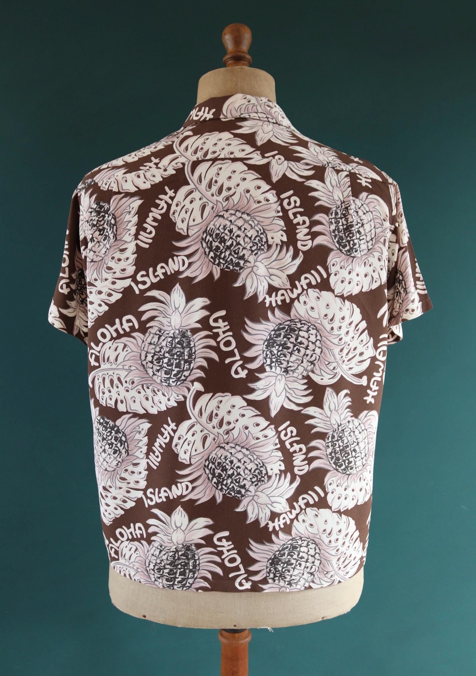 Vintage Edwin rayon Hawaiian shirt - reproduction - brown pink - pineapple print - tiki Aloha - 42” chest