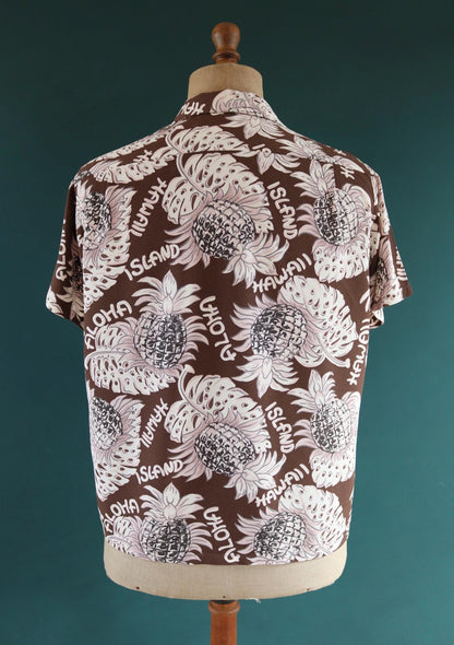 Vintage Edwin rayon Hawaiian shirt - reproduction - brown pink - pineapple print - tiki Aloha - 42” chest