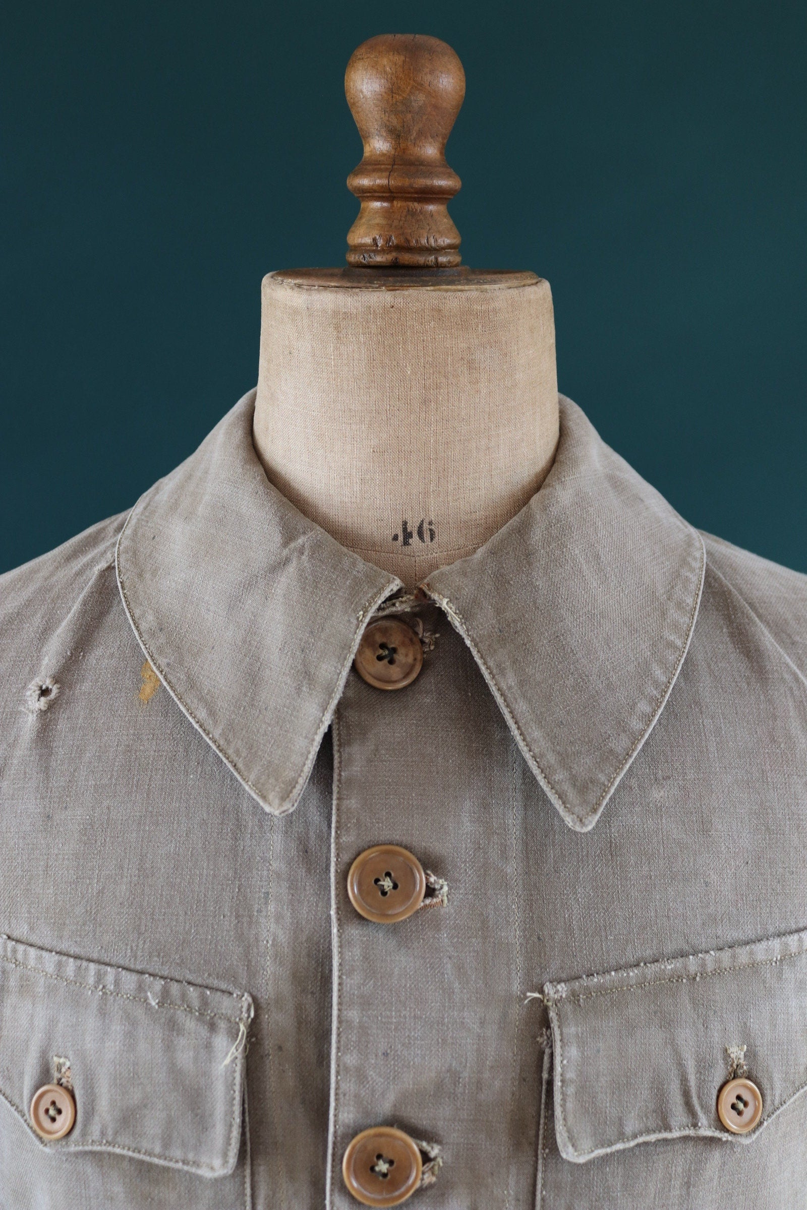 Vintage French workwear jacket 1940s brown thick cotton canvas work chore 38” chest walrus collar