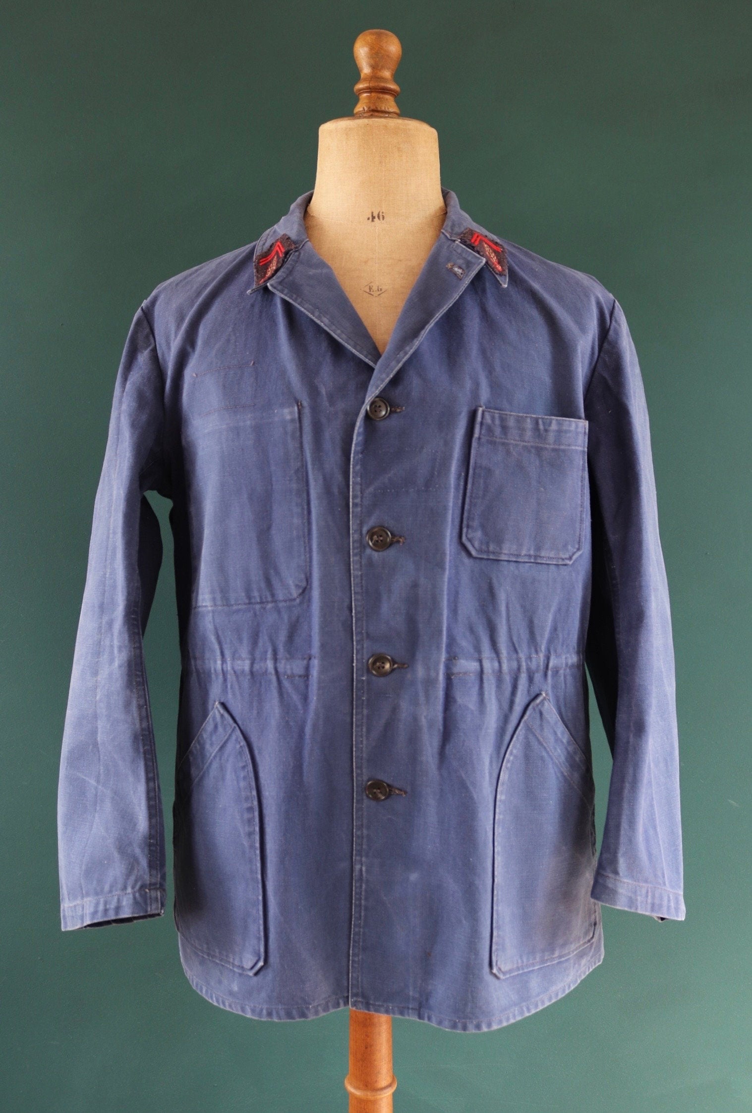 Vintage French blue workwear jacket 1960s pompier fireman cotton twill work chore faded 46” chest bleu de travail