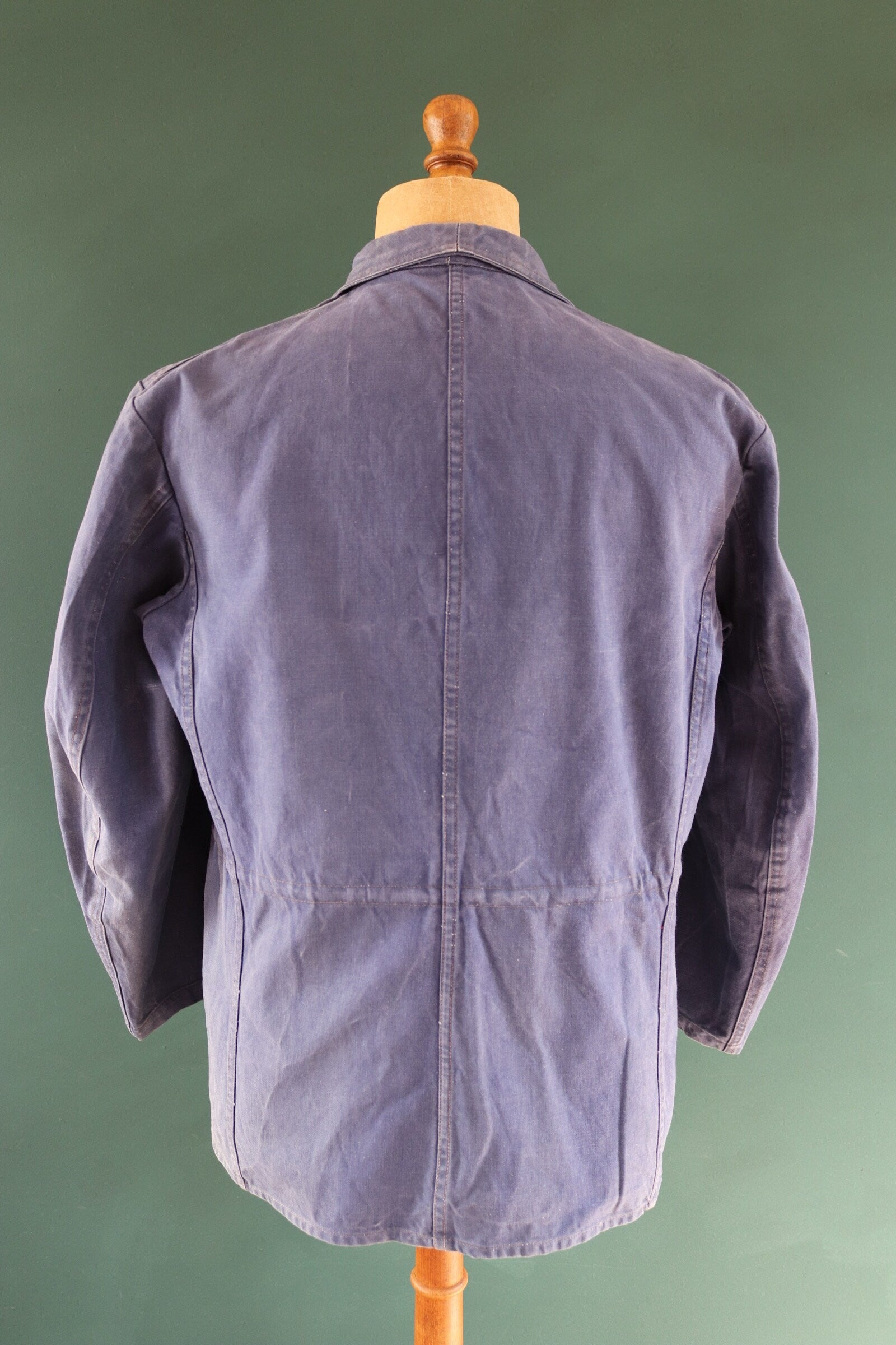 Vintage French blue workwear jacket 1960s pompier fireman cotton twill work chore faded 46” chest bleu de travail