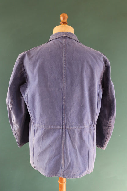 Vintage French blue workwear jacket 1960s pompier fireman cotton twill work chore faded 46” chest bleu de travail