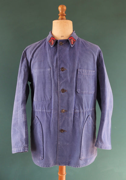 Vintage French blue workwear jacket - 1960s firefighter - faded cotton twill chore - 46” chest - bleu de travail